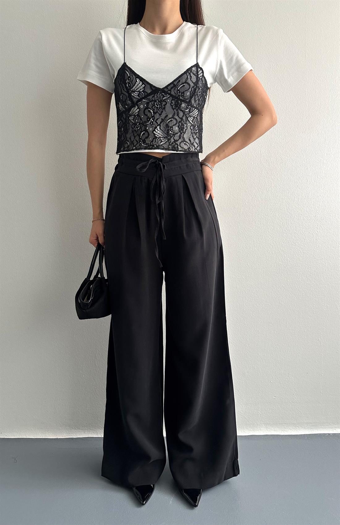 Beli Bağcılı Pantolon SİYAH