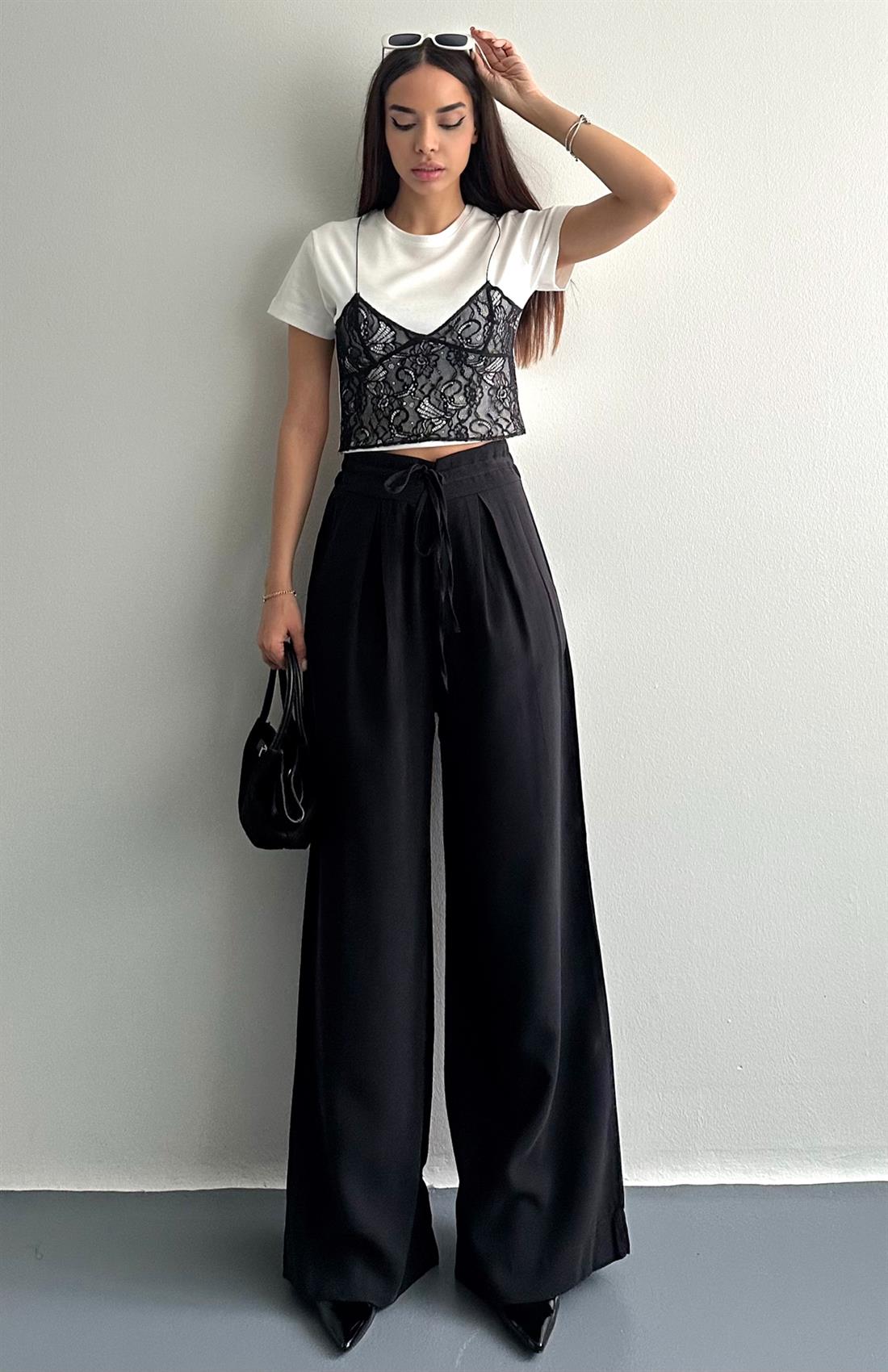 Beli Bağcılı Pantolon SİYAH