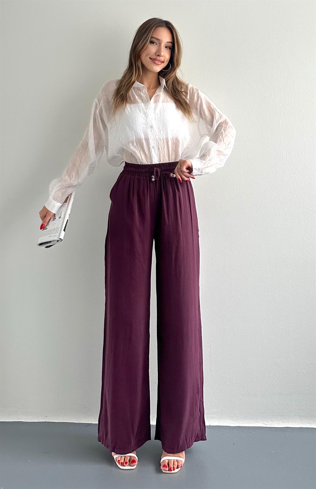 Beli Lastikli Bağcık  Detaylı Pantolon MÜRDÜM