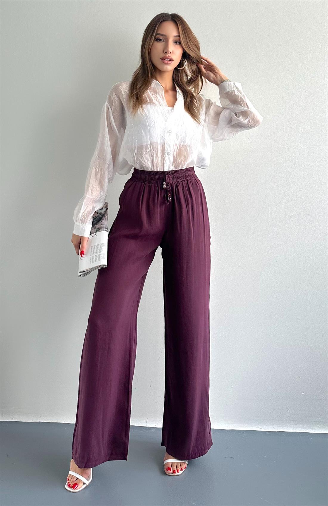 Beli Lastikli Bağcık  Detaylı Pantolon MÜRDÜM