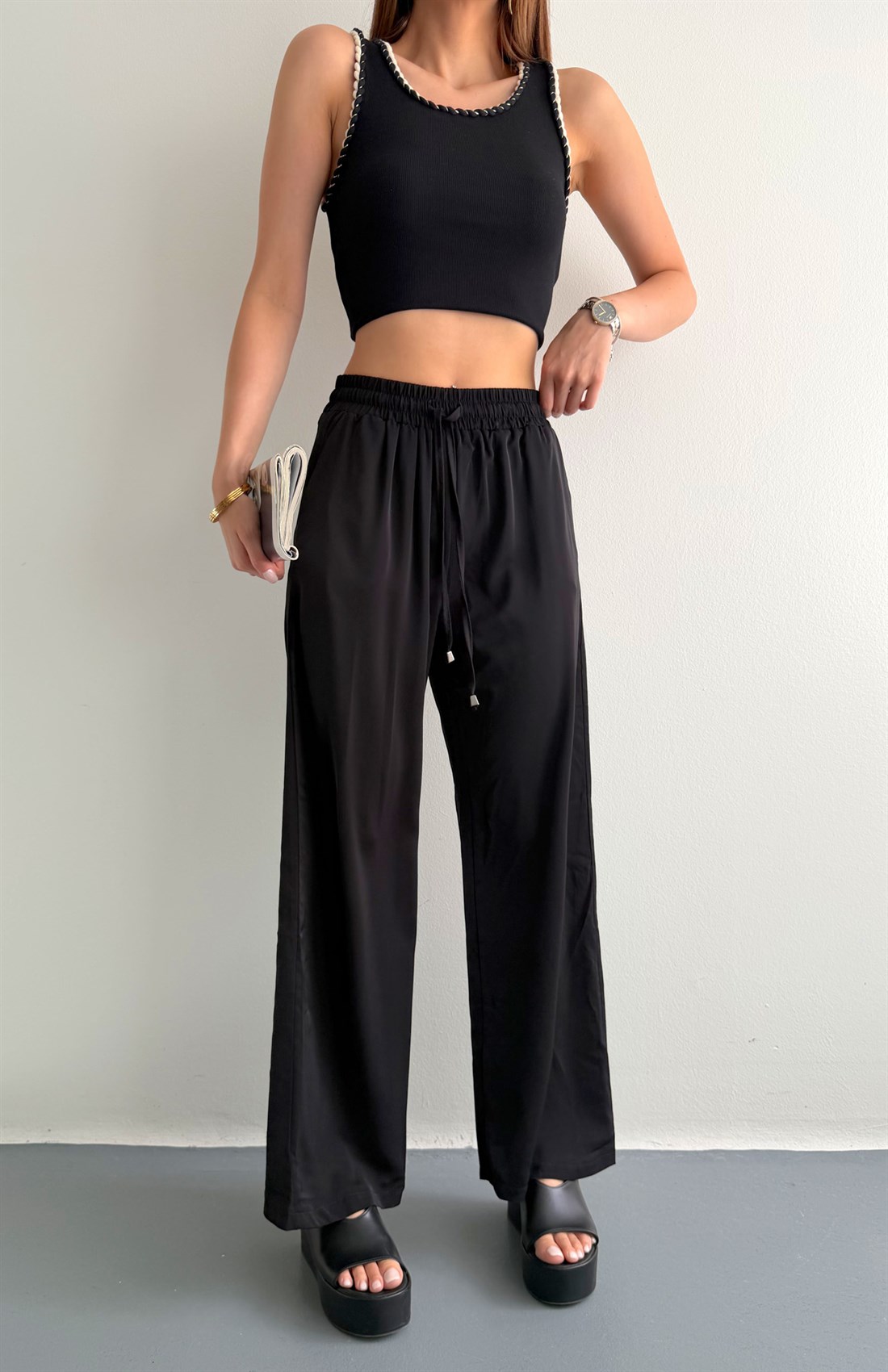Beli Lastikli Bol Paça Pantolon SİYAH