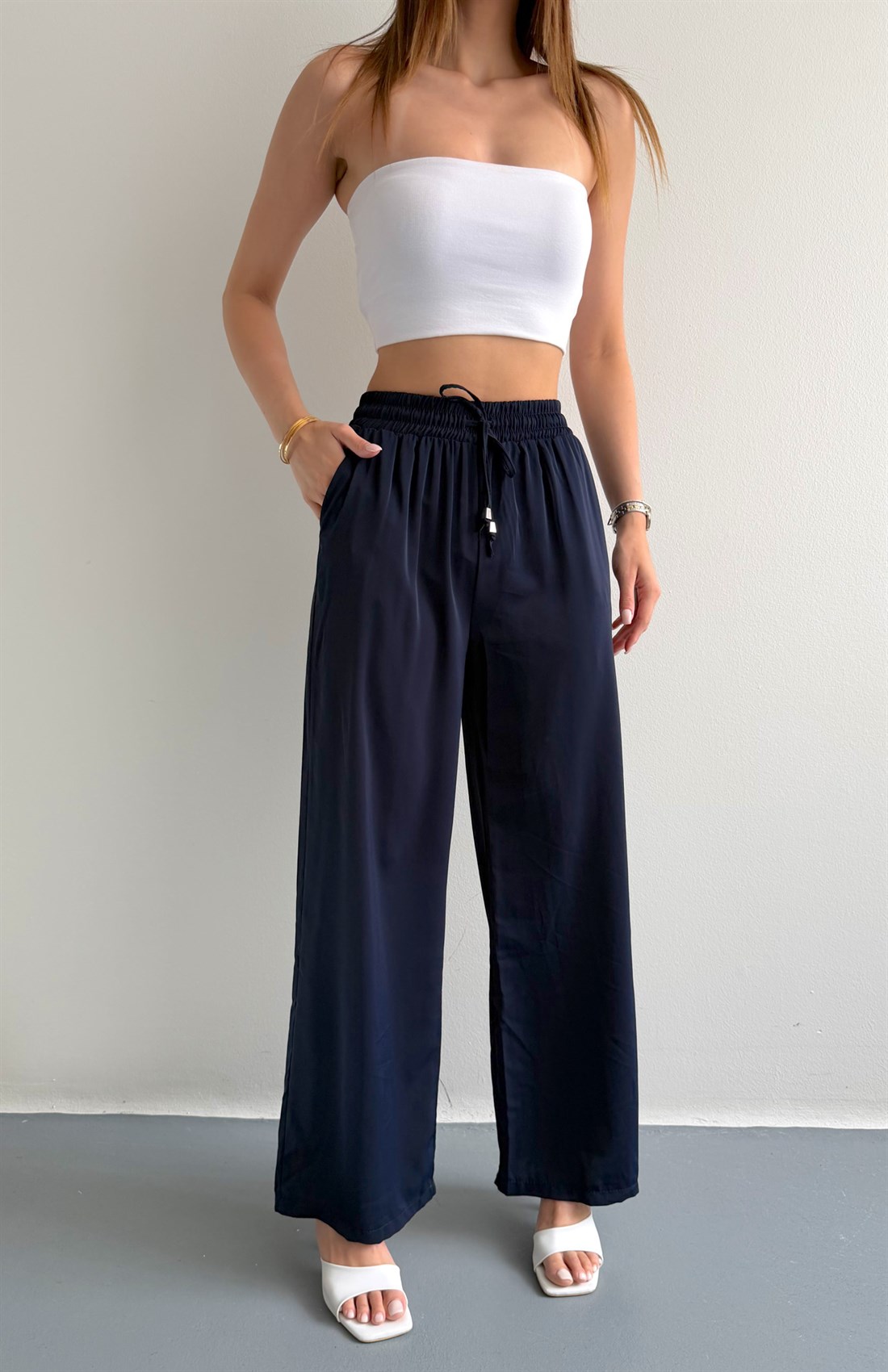Beli Lastikli Bol Paça Pantolon LACİVERT