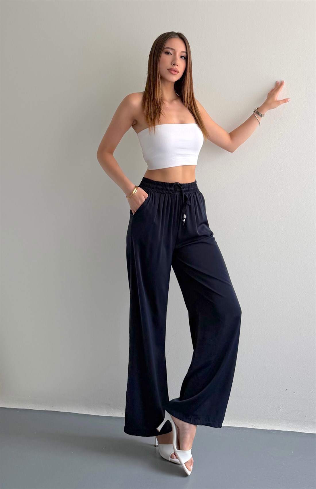 Beli Lastikli Bol Paça Pantolon LACİVERT