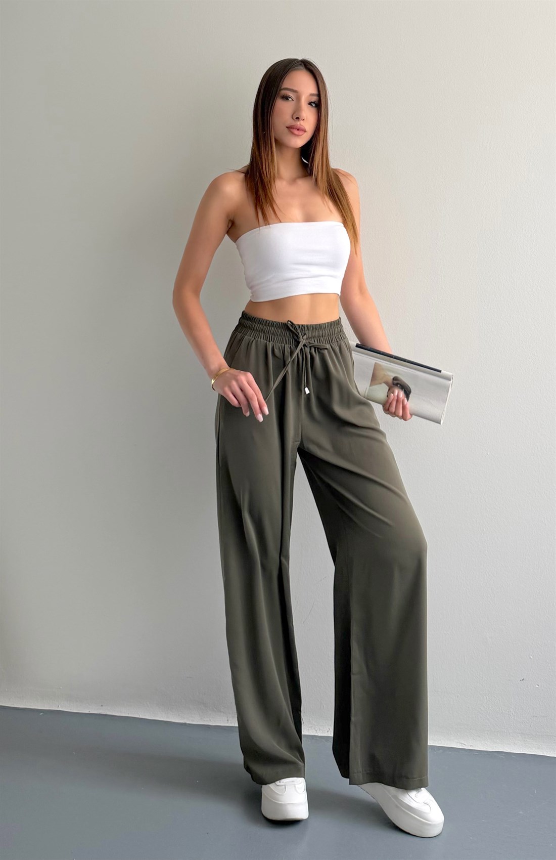 Beli Lastikli Bol Paça Pantolon HAKİ