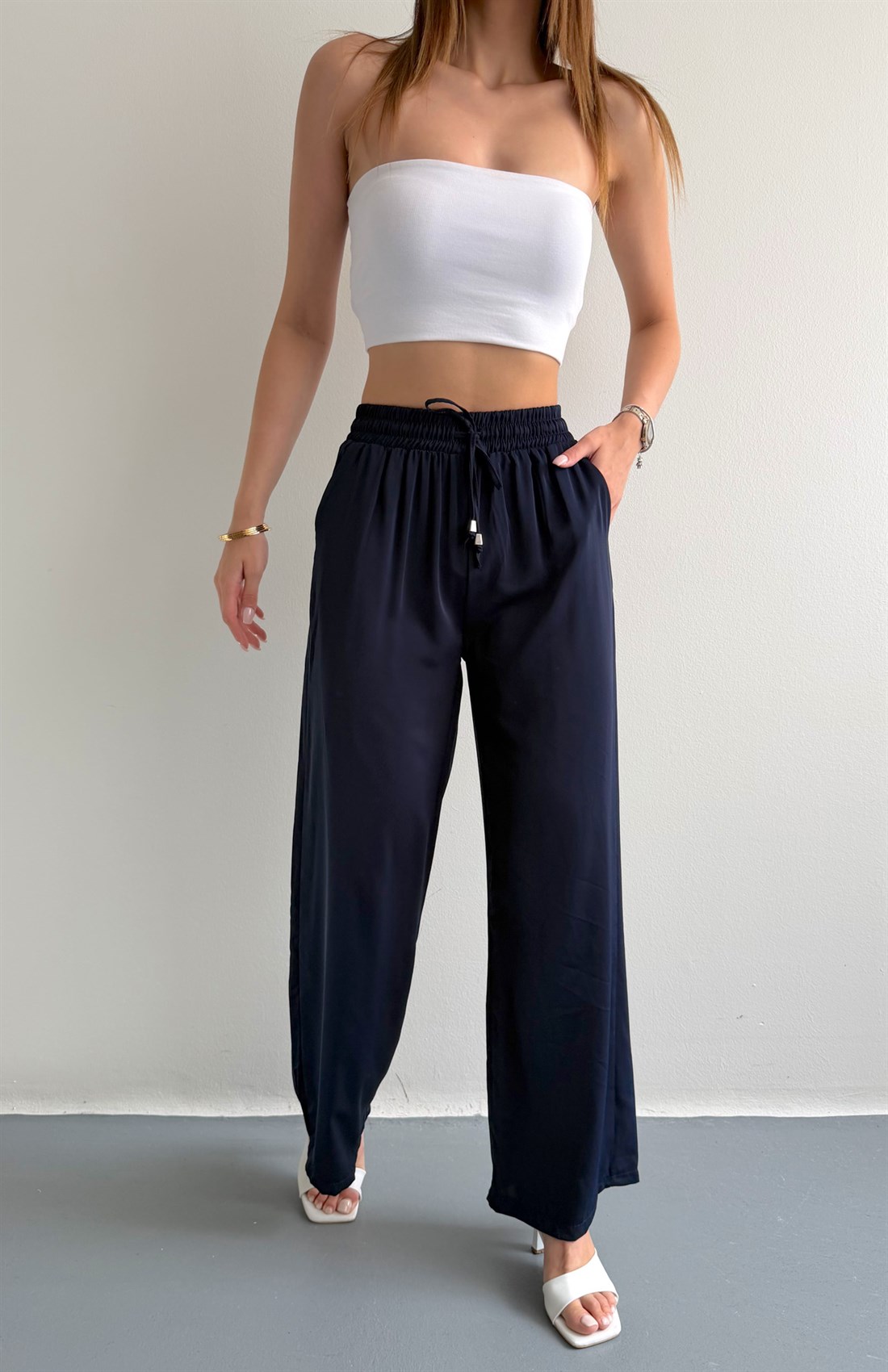 Beli Lastikli Bol Paça Pantolon LACİVERT
