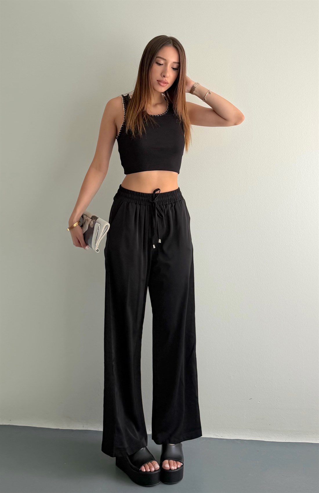 Beli Lastikli Bol Paça Pantolon SİYAH