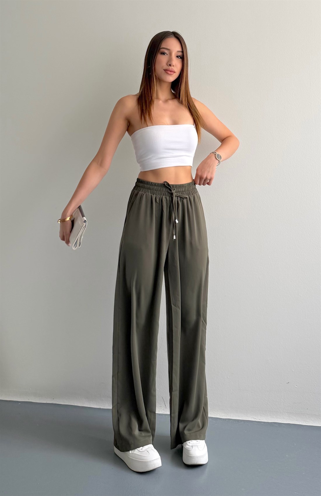 Beli Lastikli Bol Paça Pantolon HAKİ