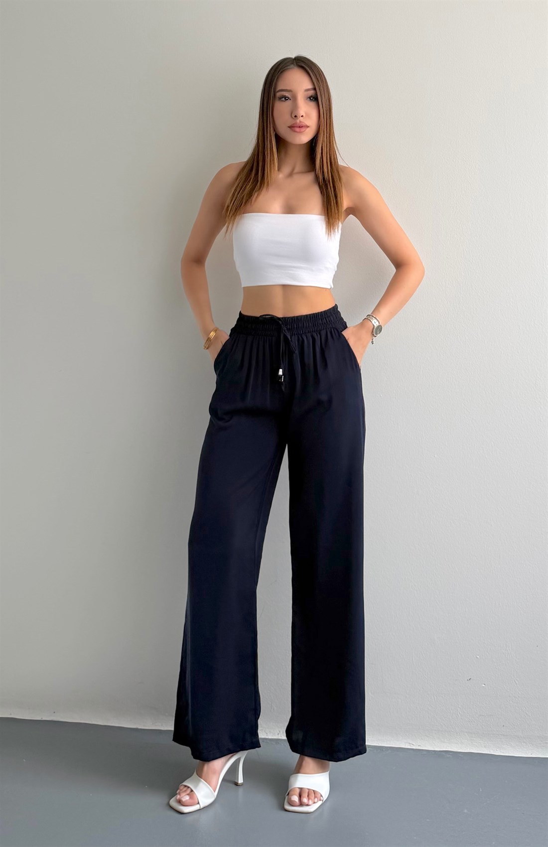 Beli Lastikli Bol Paça Pantolon LACİVERT