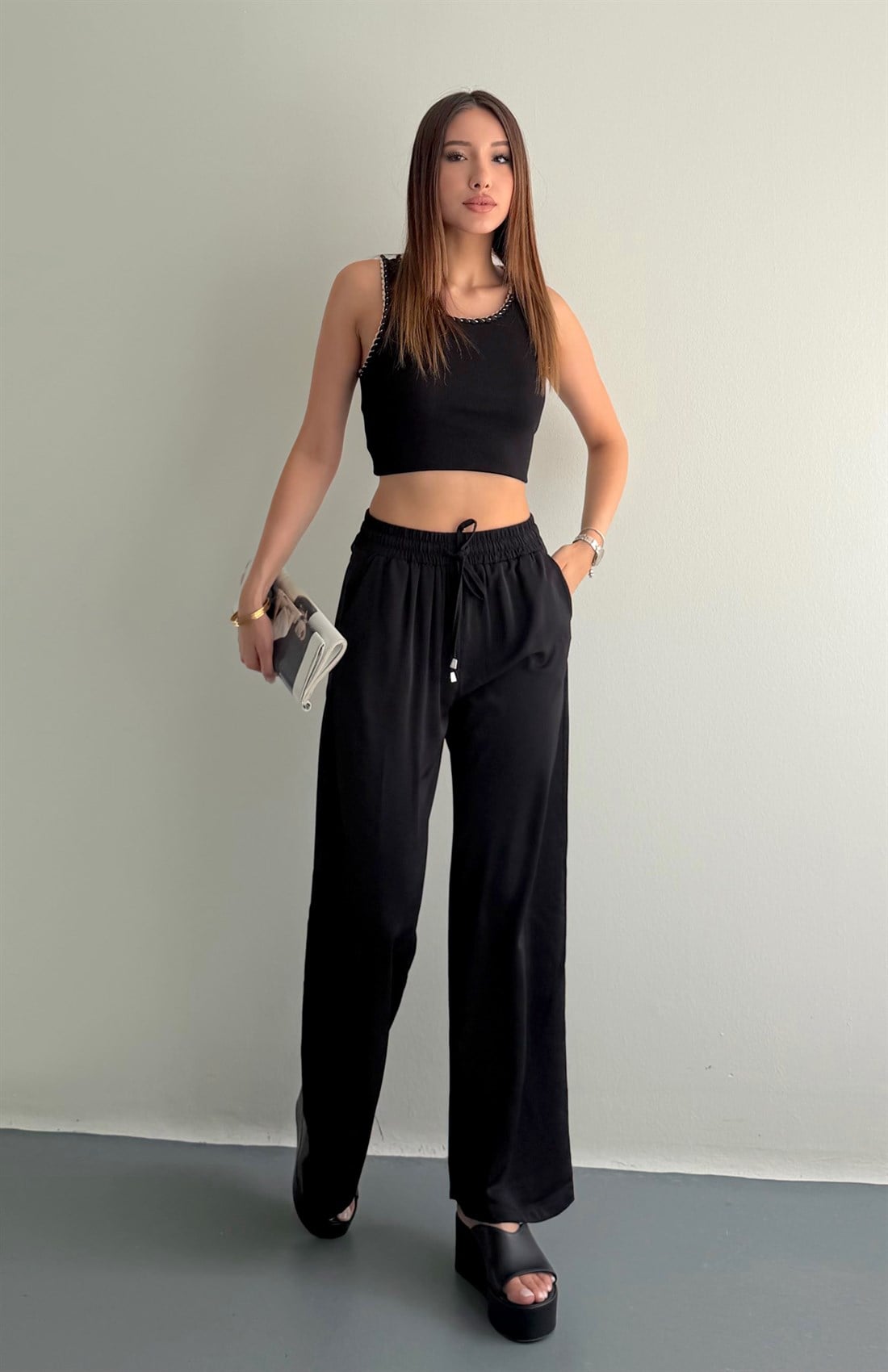 Beli Lastikli Bol Paça Pantolon SİYAH