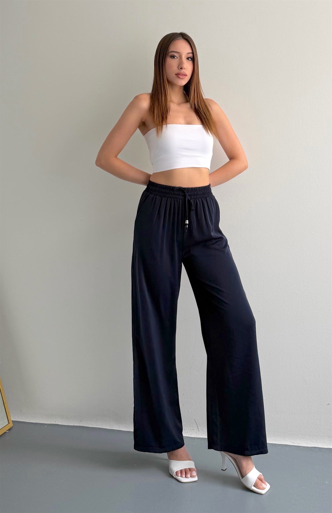 Beli Lastikli Bol Paça Pantolon LACİVERT