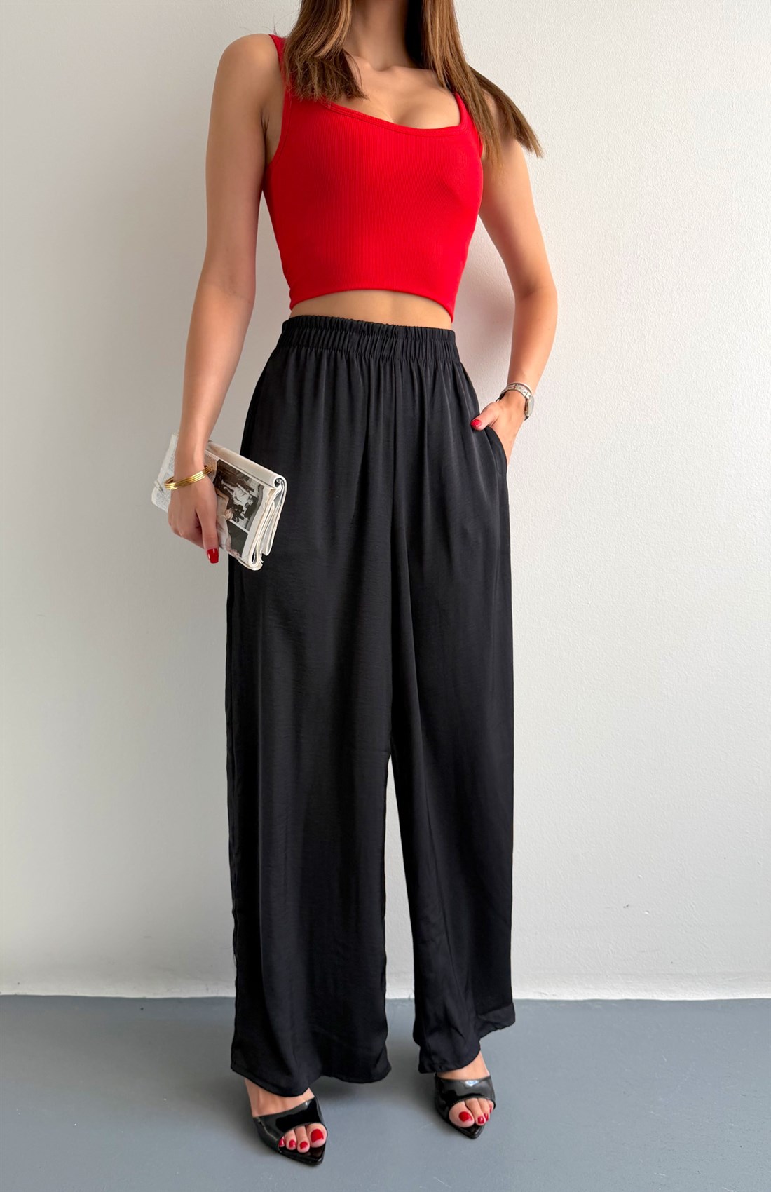 Beli Lastikli Bol Pantolon SİYAH