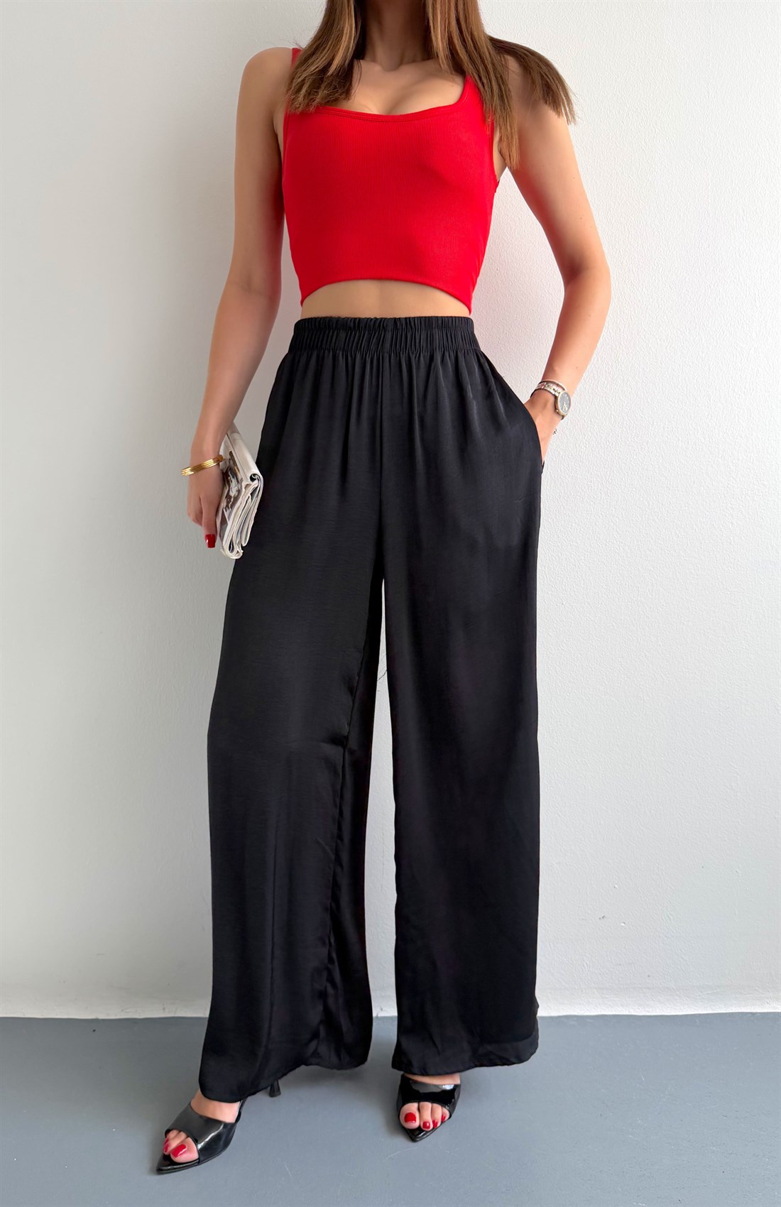 Beli Lastikli Bol Pantolon SİYAH