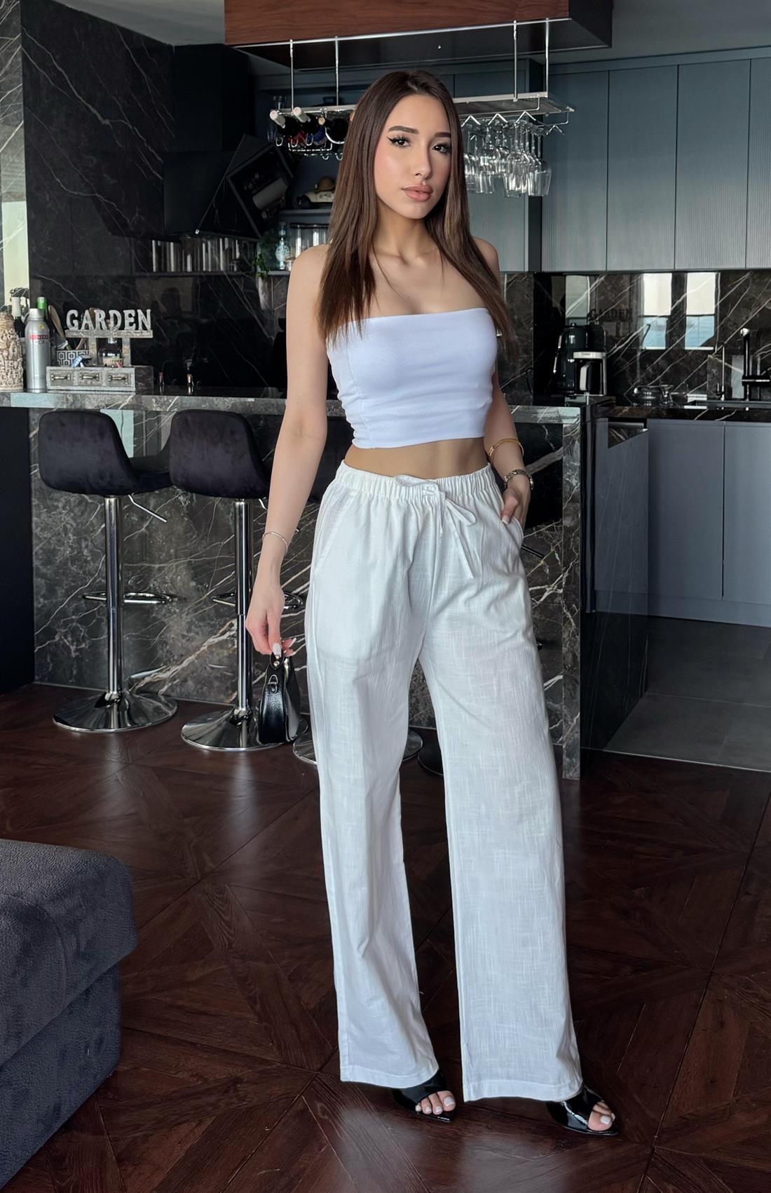Beli Lastikli Keten Pantolon BEYAZ