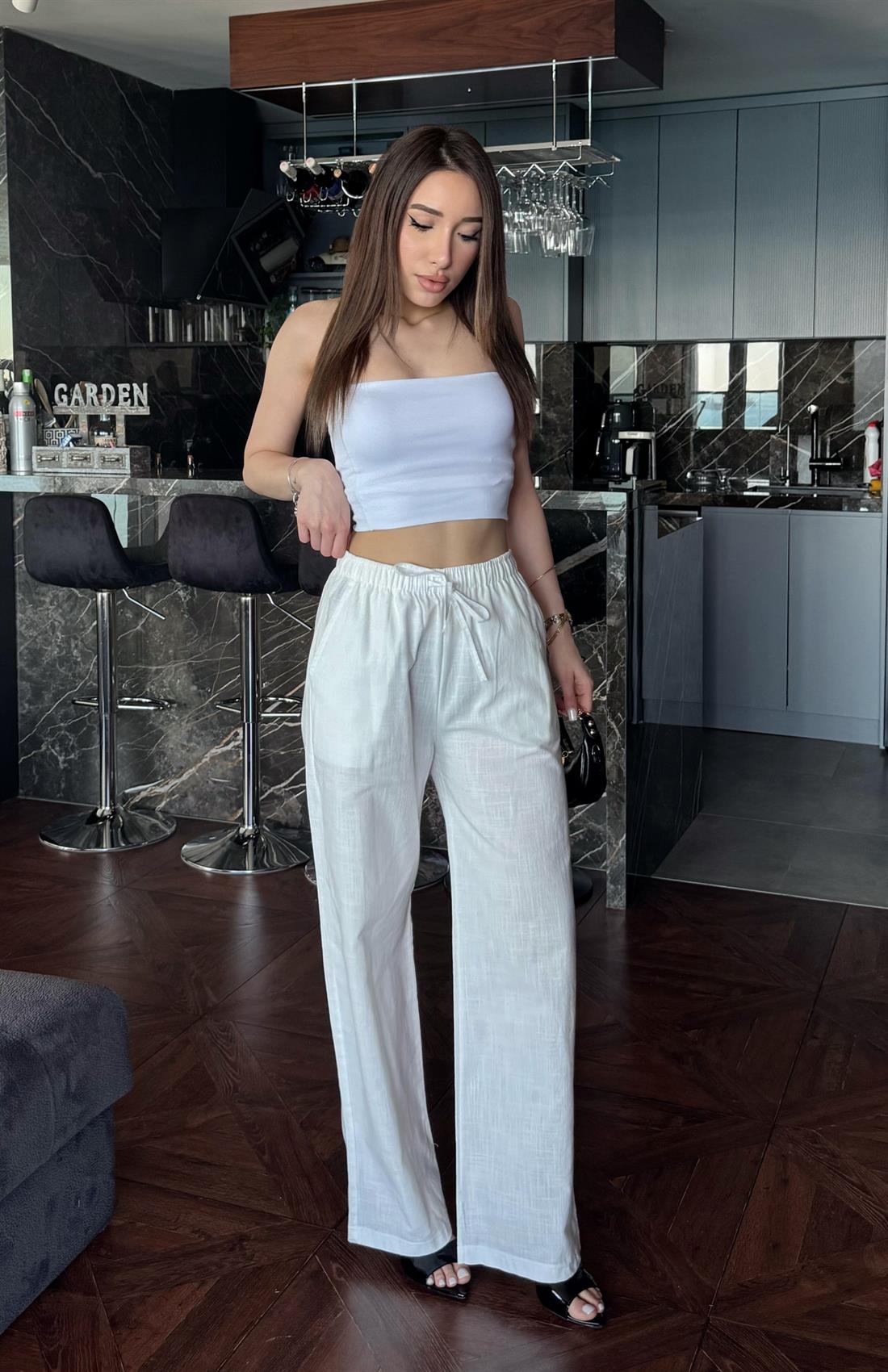 Beli Lastikli Keten Pantolon BEYAZ