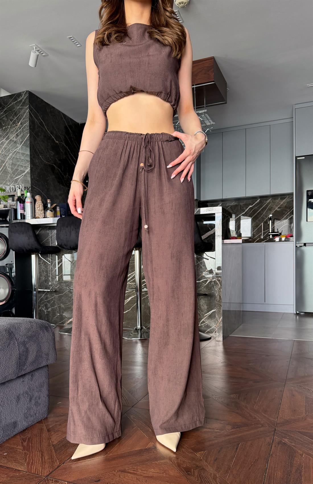 Boncuk Detaylı Pantolon KAHVERENGİ