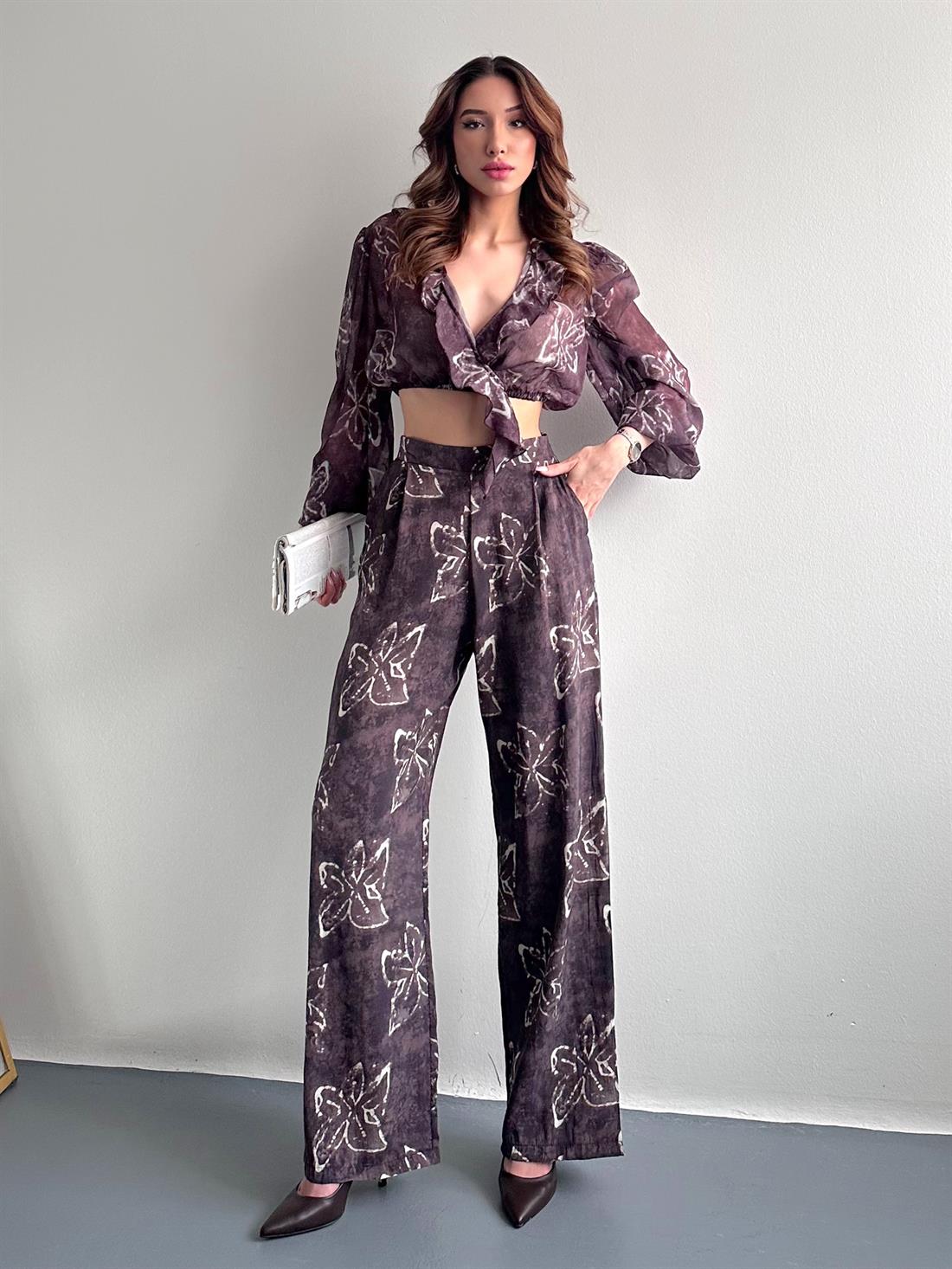 Çiçek Desenli Pantolon KAHVERENGİ