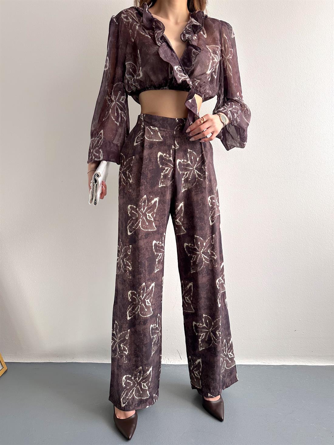 Çiçek Desenli Pantolon KAHVERENGİ