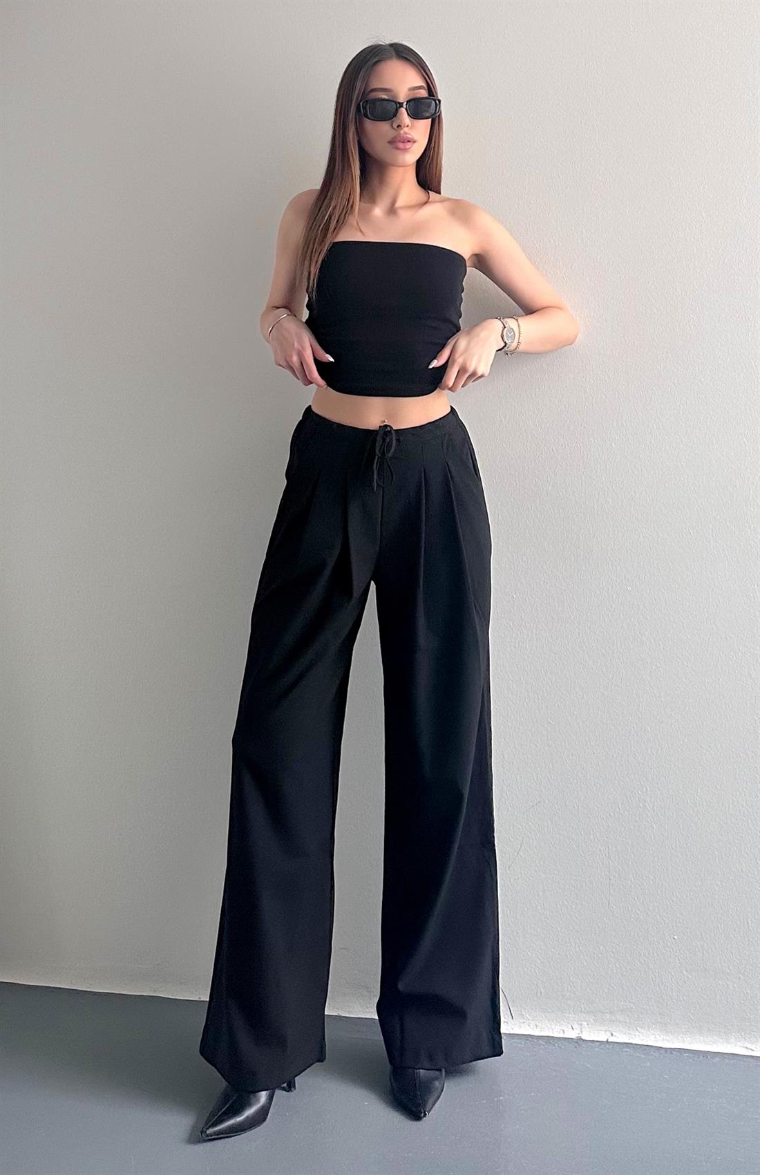 Çift Pileli Beli İpli Bol Pantolon SİYAH