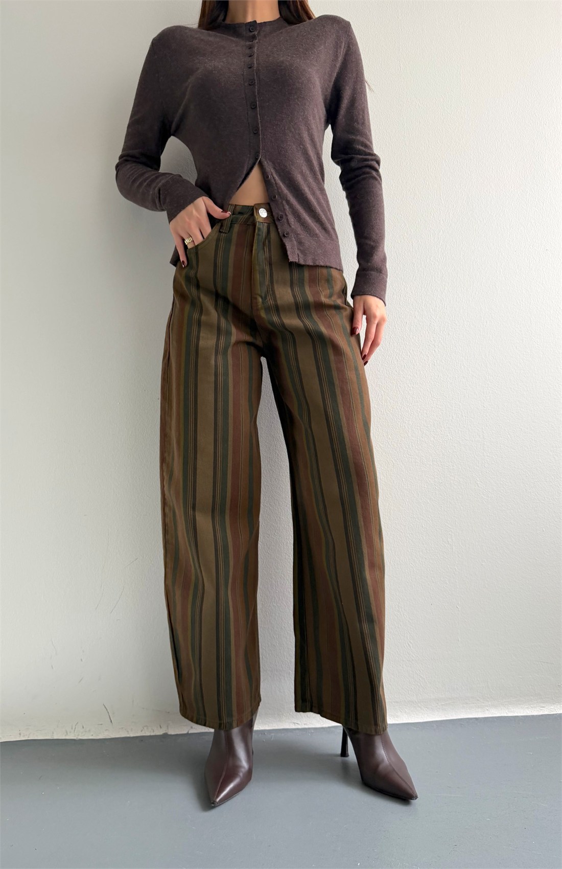 Çizgili Gabardin Pantolon HAKİ