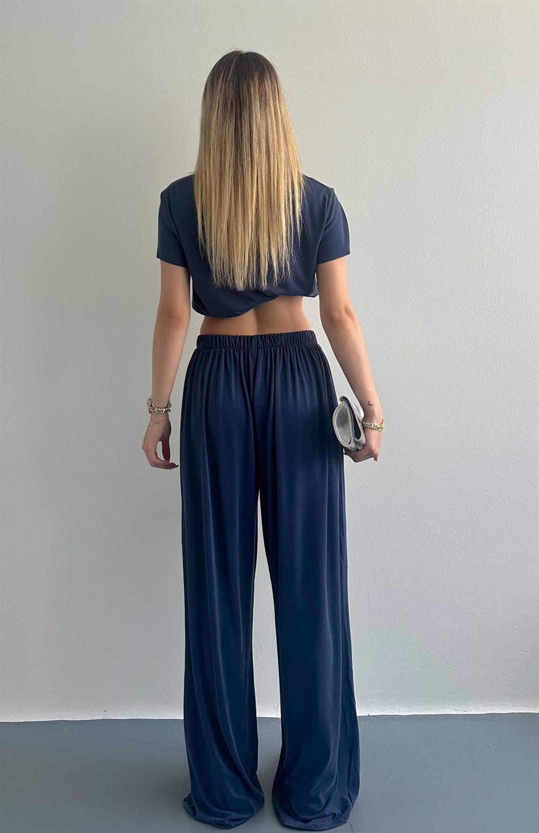 Dikişsiz Beli Lastikli Geniş Paça Pantolon LACİVERT