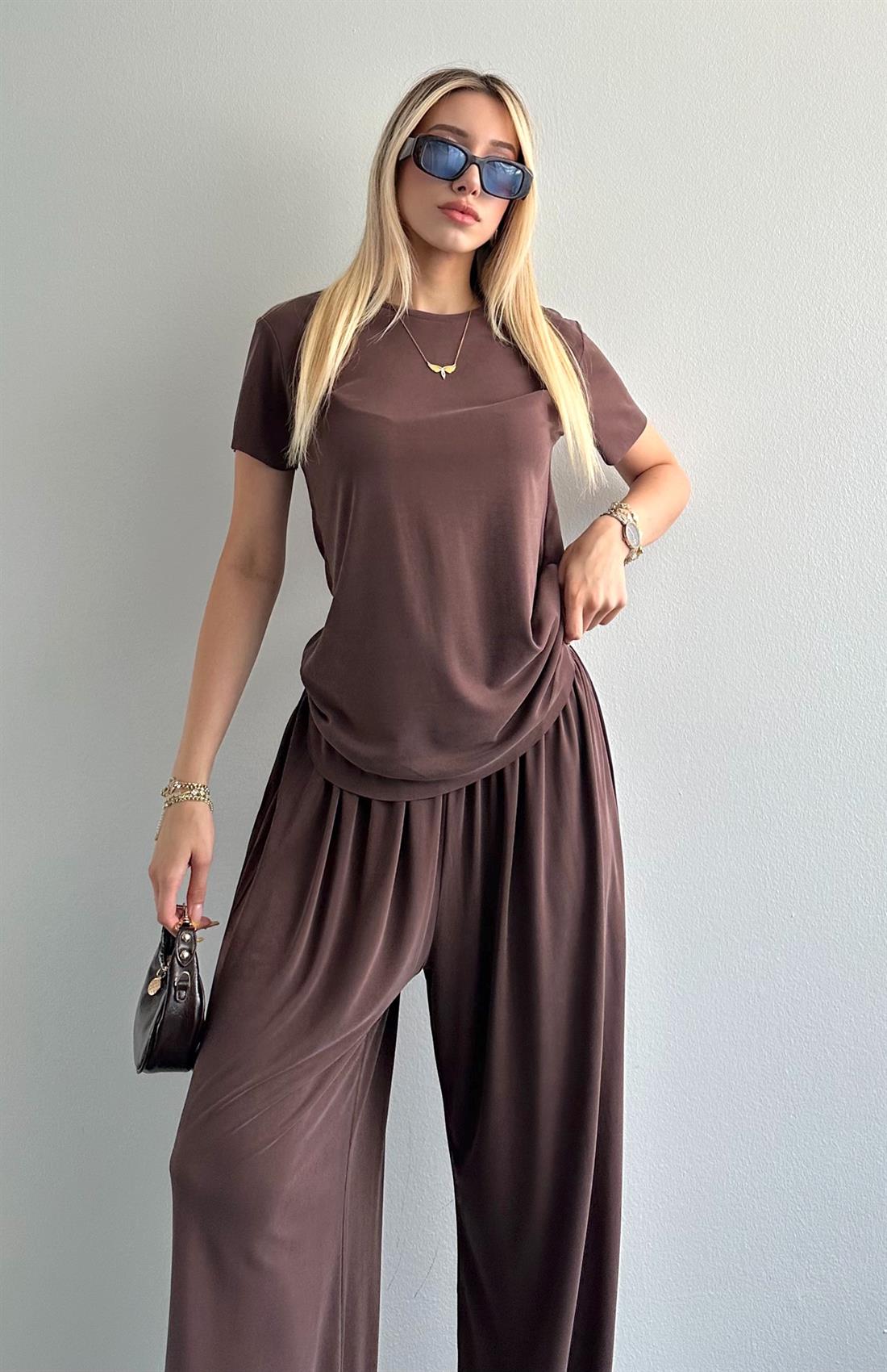 Dikişsiz Beli Lastikli Geniş Paça Pantolon KAHVERENGİ