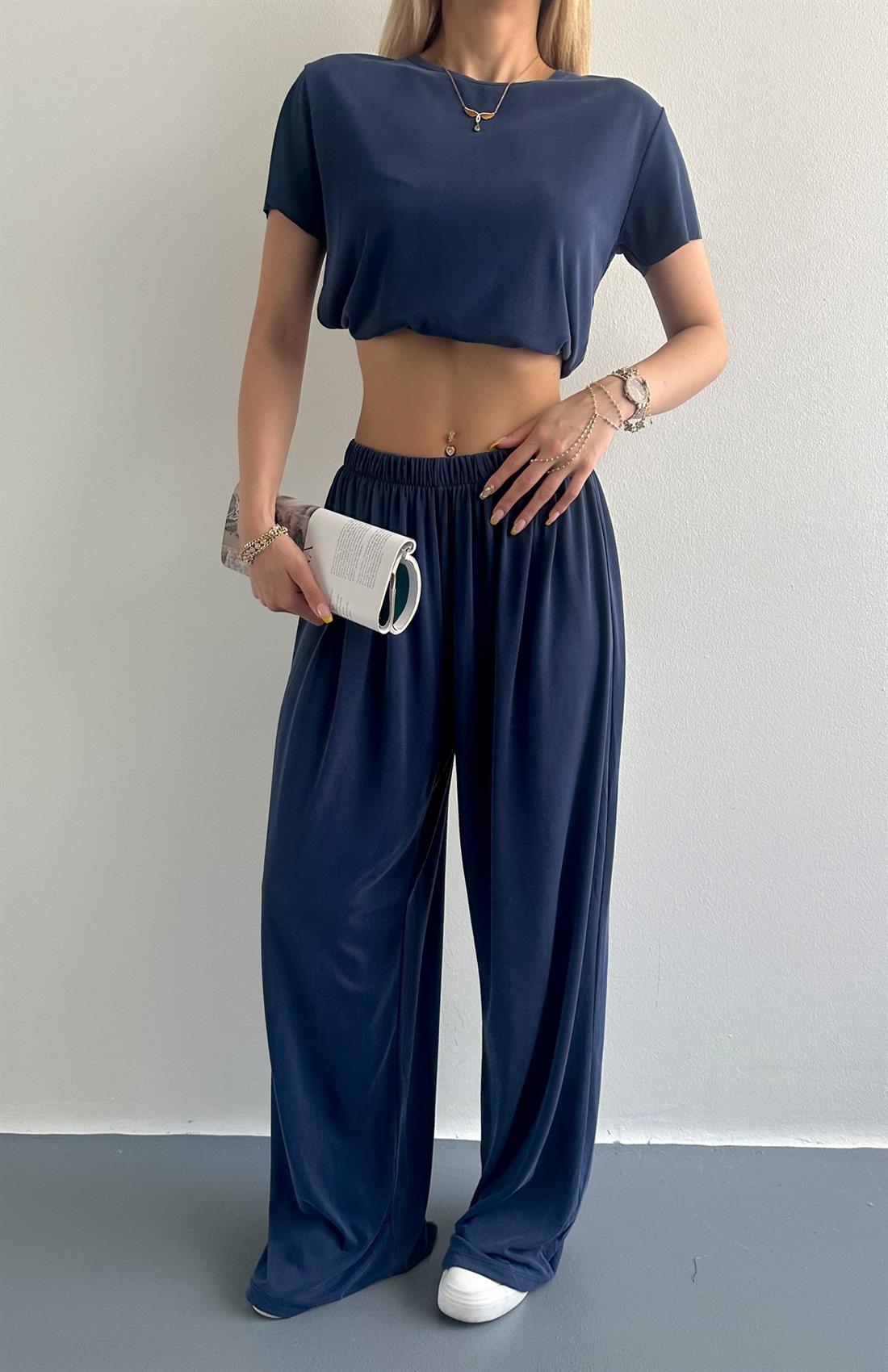 Dikişsiz Beli Lastikli Geniş Paça Pantolon LACİVERT