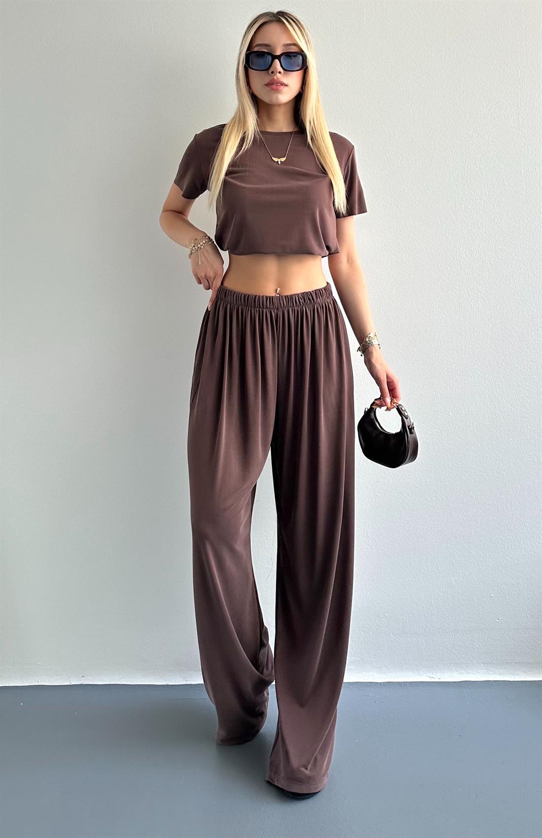 Dikişsiz Beli Lastikli Geniş Paça Pantolon KAHVERENGİ