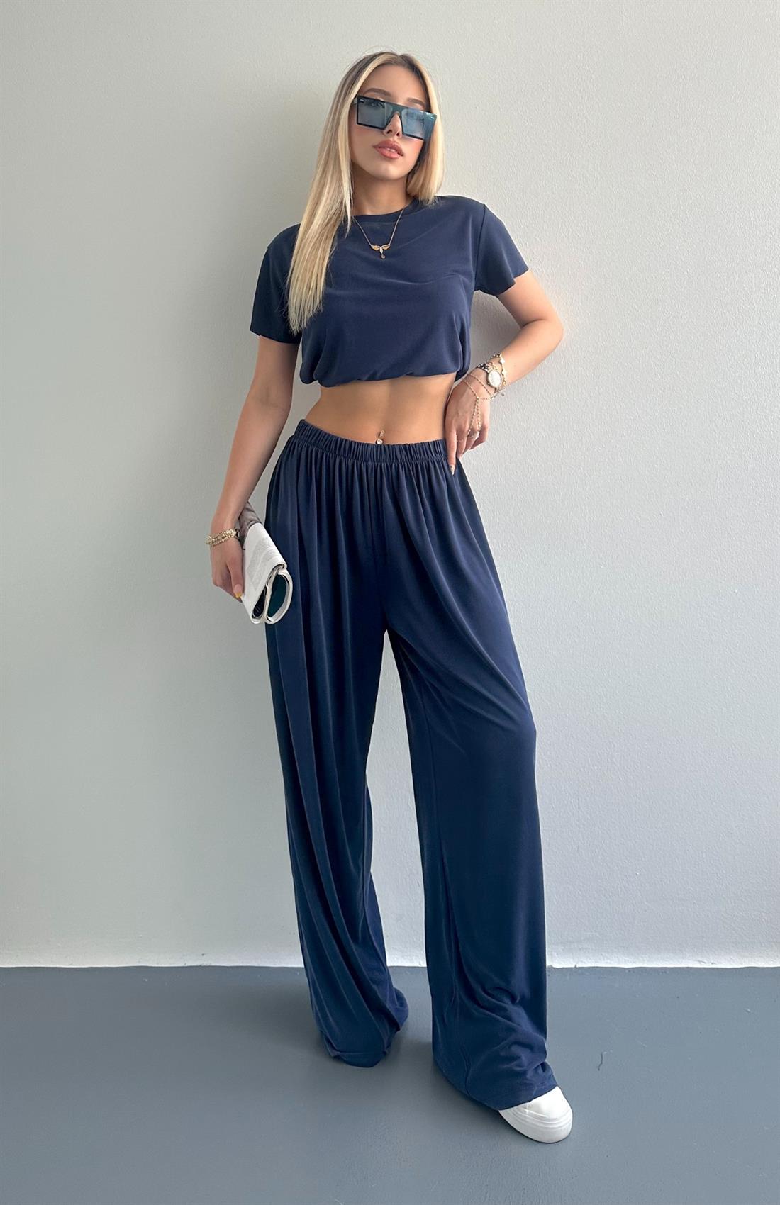 Dikişsiz Beli Lastikli Geniş Paça Pantolon LACİVERT