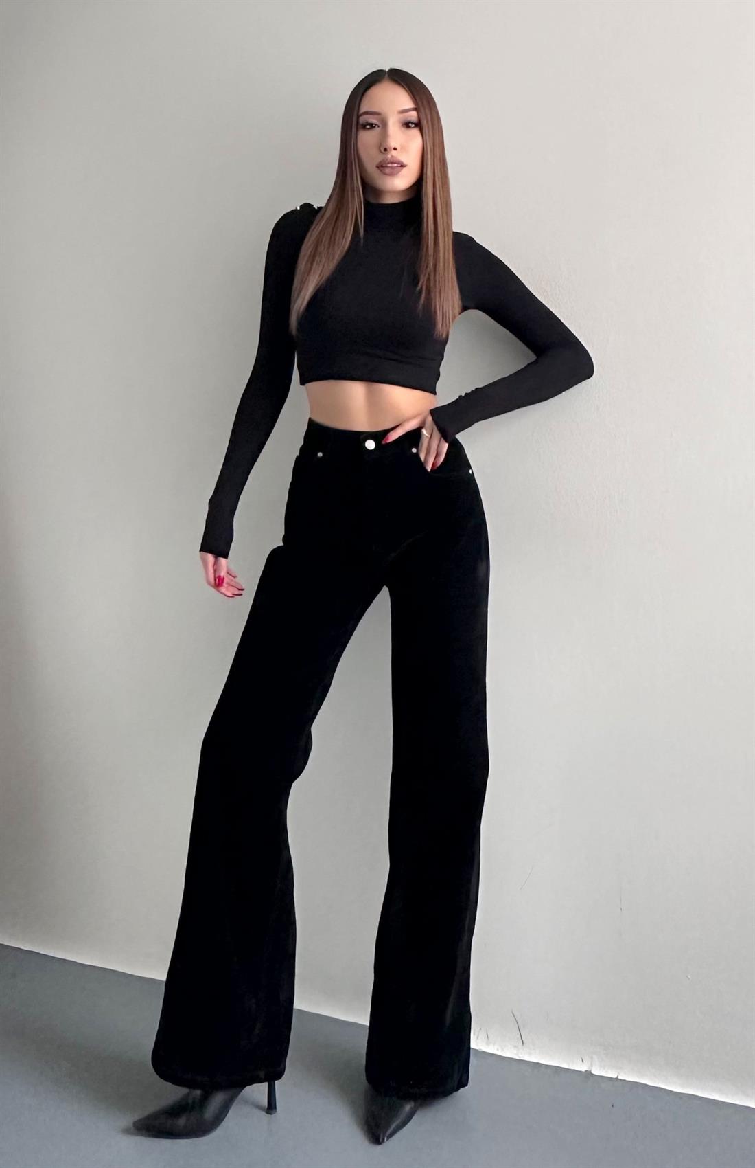 Flok Kaplama Wideleg Pantolon SİYAH