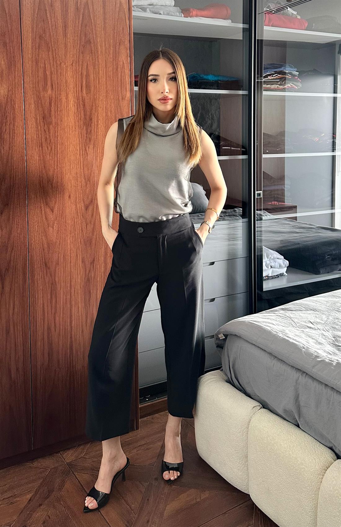Geniş Kemerli Dokuma Pantolon SİYAH