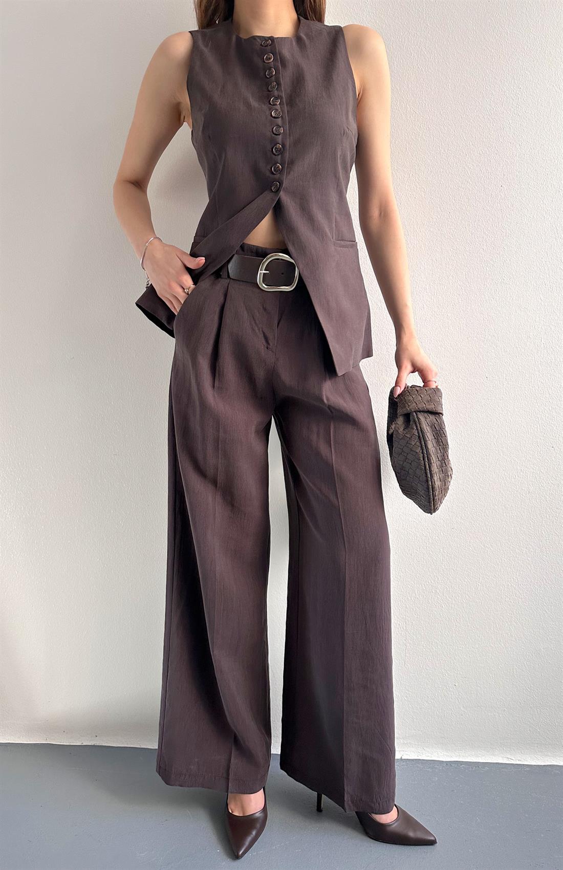 Kemer Detaylı Palazzo Pantolon KAHVERENGİ