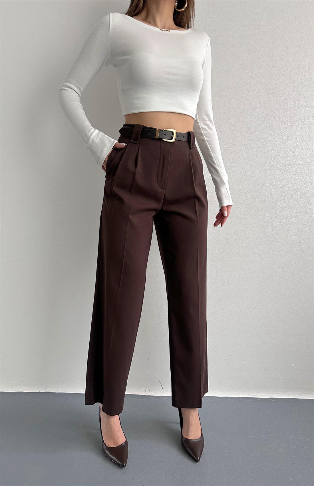 Kemerli Cep Kapaklı Yüksek Bel Pantolon KAHVERENGİ