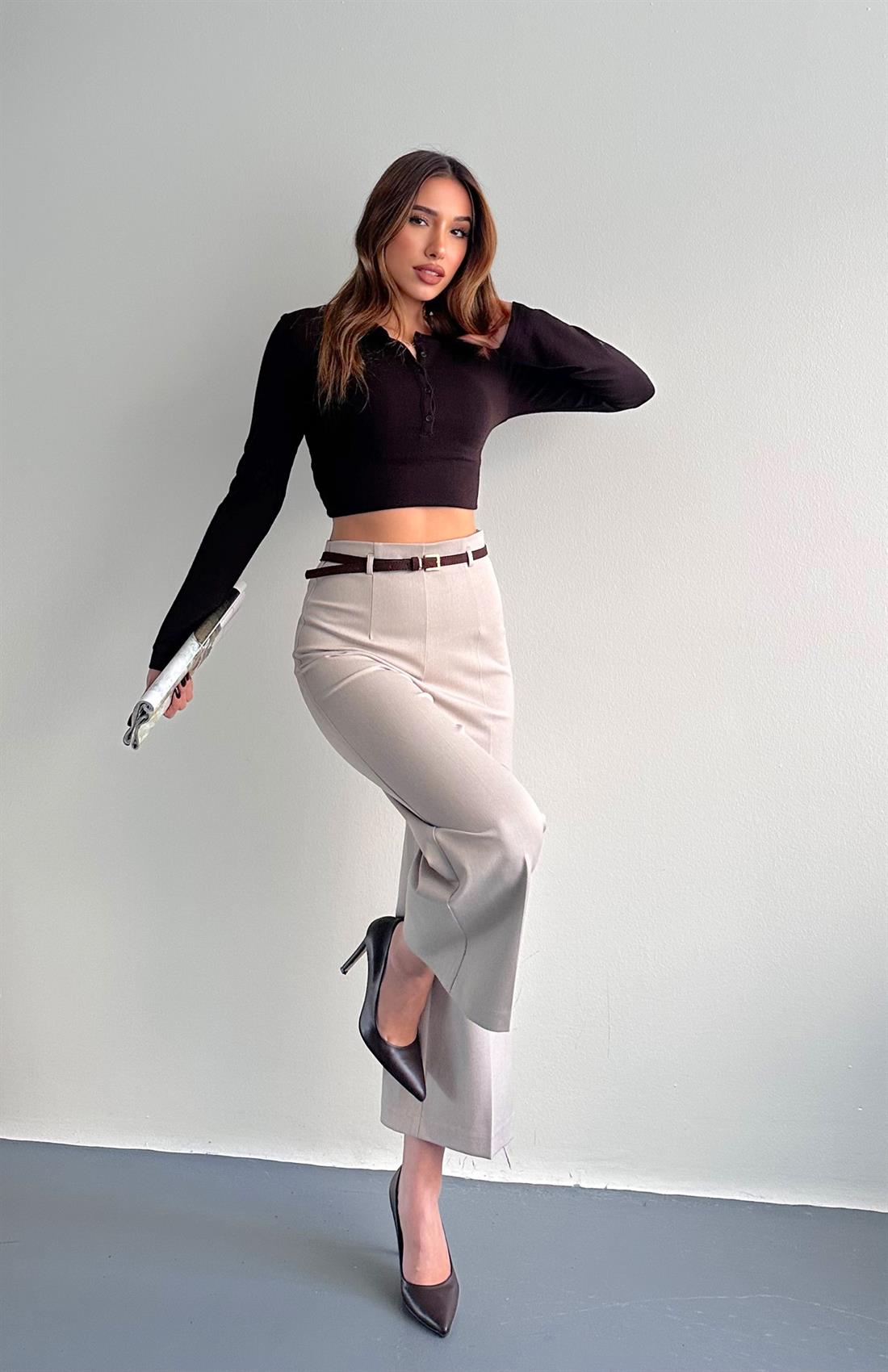 Kemerli Culotte Pantolon TAŞ