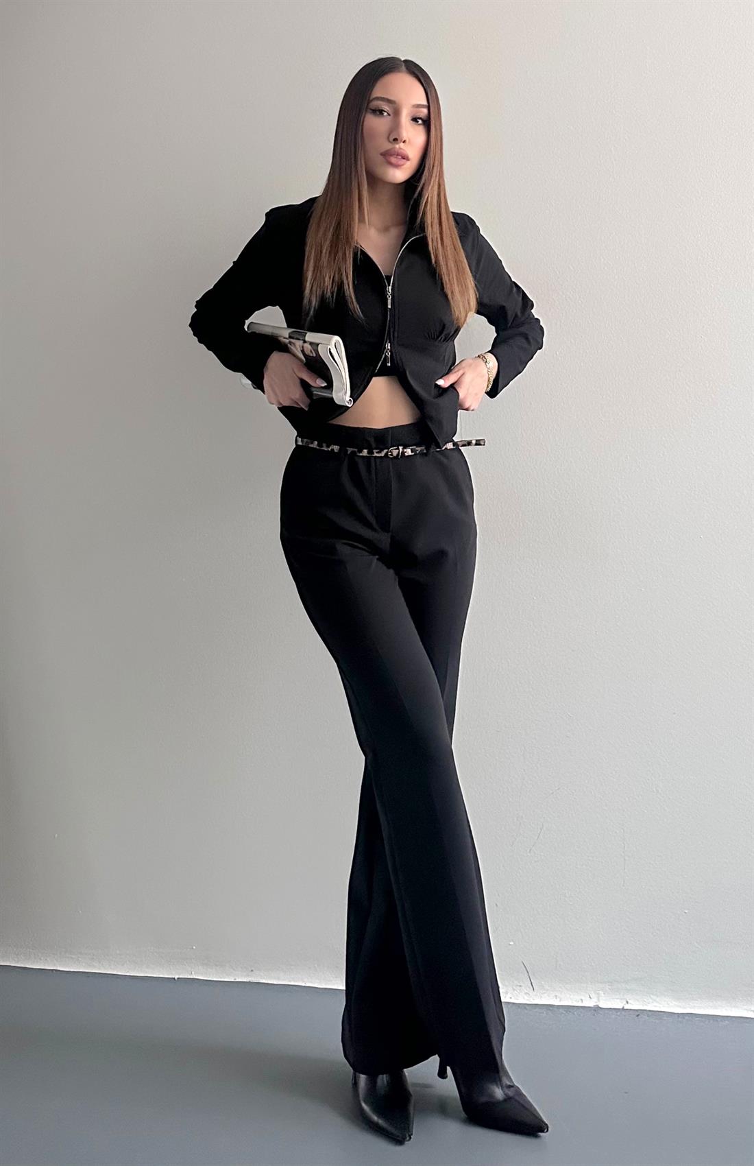 Kemerli Hafif İspanyol Paça Pantolon SİYAH