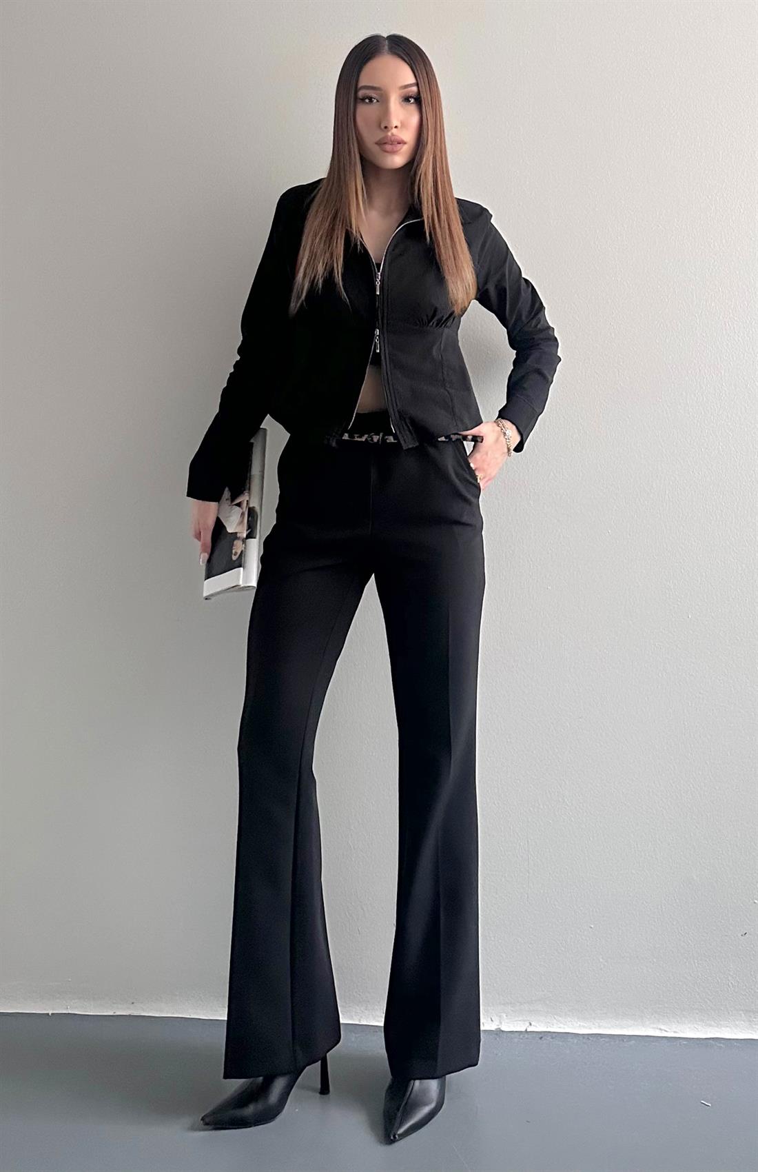 Kemerli Hafif İspanyol Paça Pantolon SİYAH