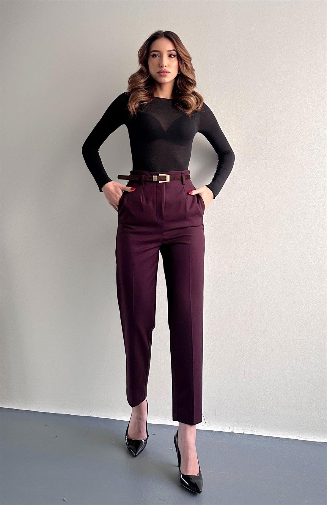 Kemerli Yüksek Bel Pantolon BORDO