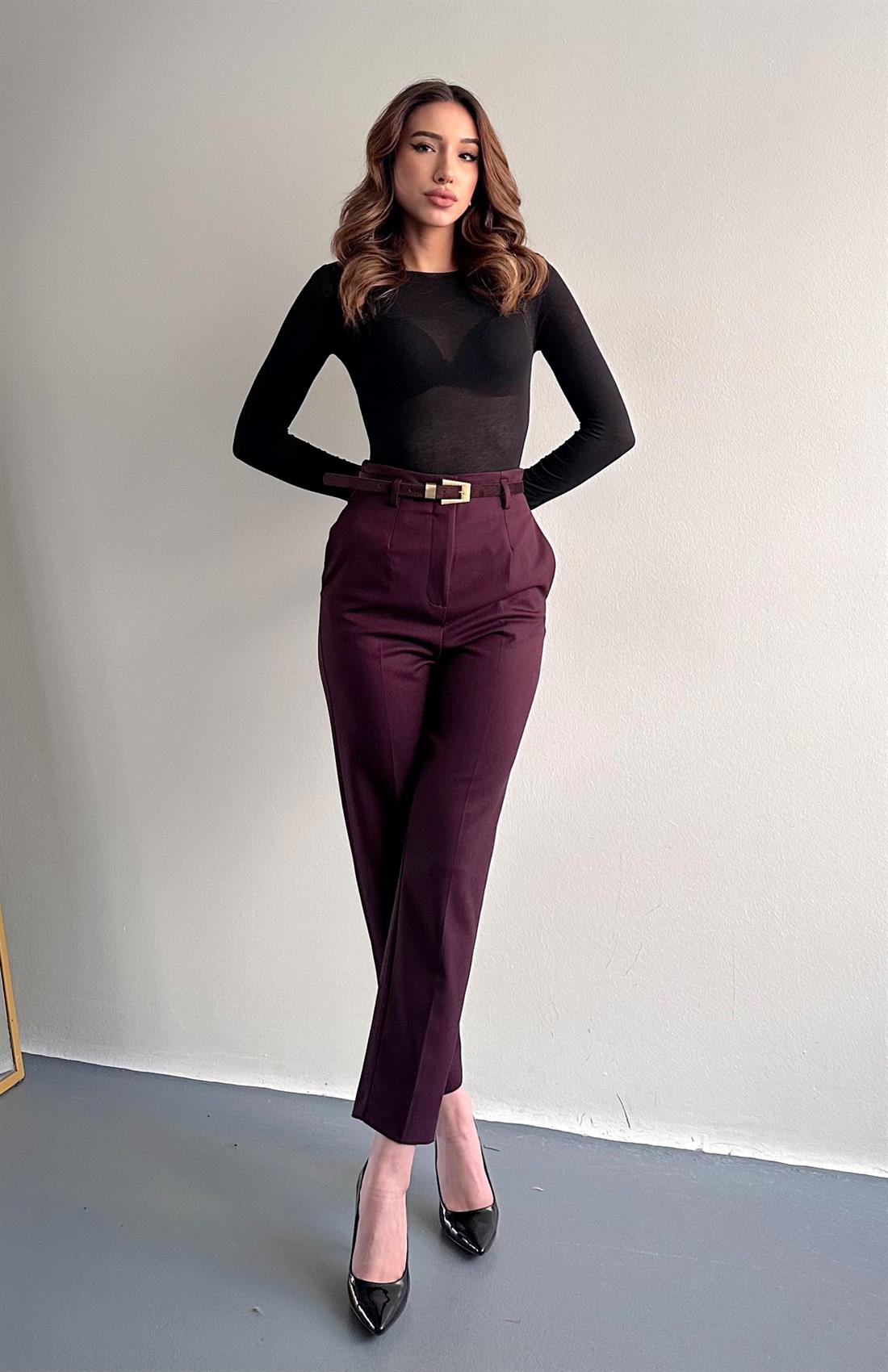 Kemerli Yüksek Bel Pantolon BORDO