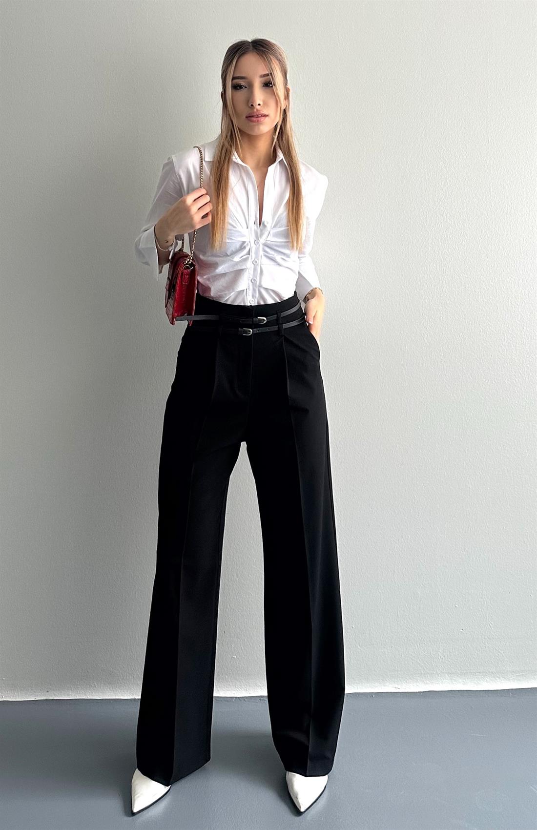 Kemerli Yüksek Bel Pantolon SİYAH