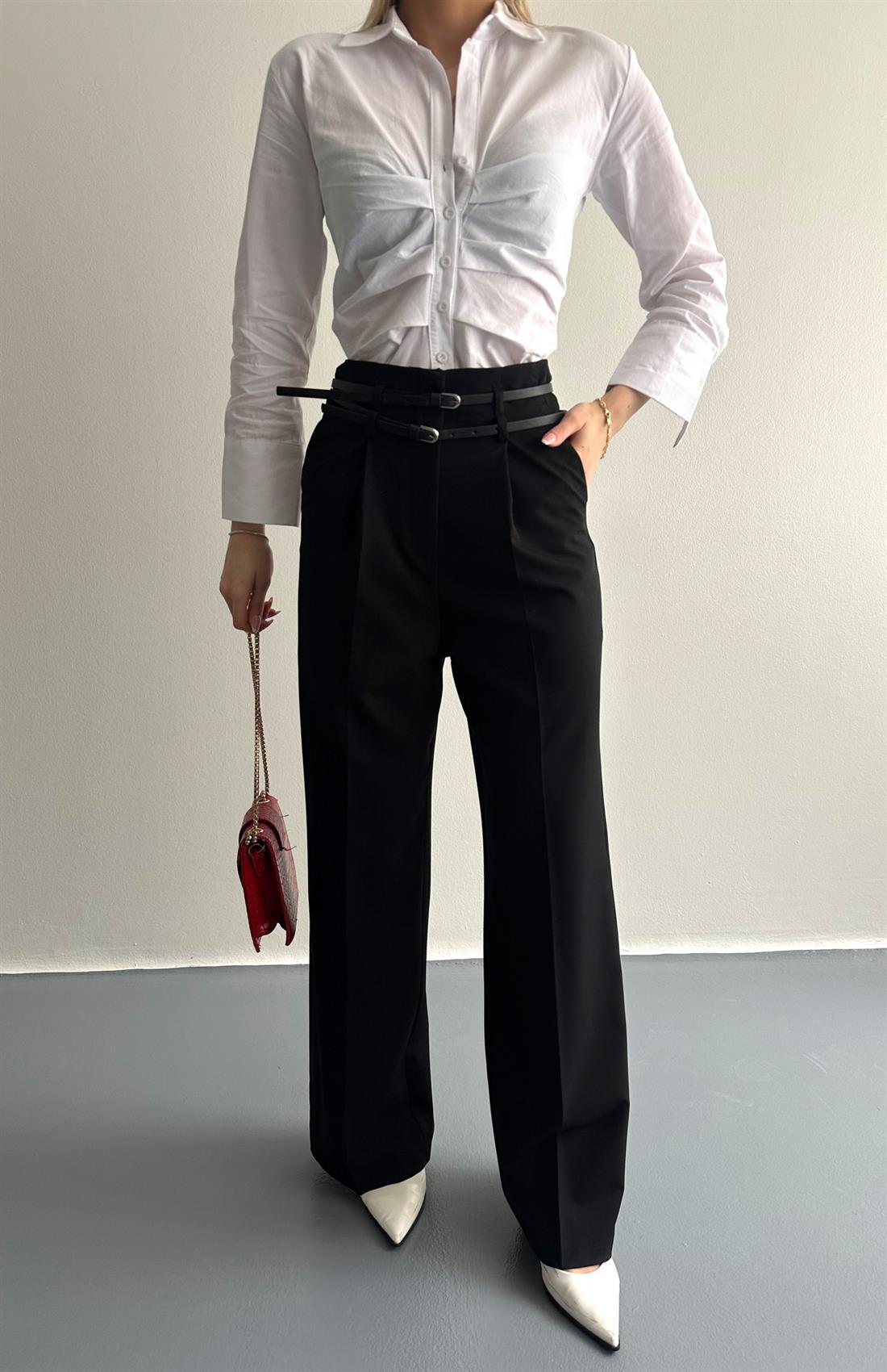 Kemerli Yüksek Bel Pantolon SİYAH