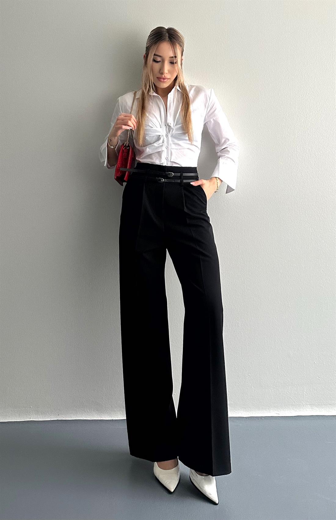 Kemerli Yüksek Bel Pantolon SİYAH