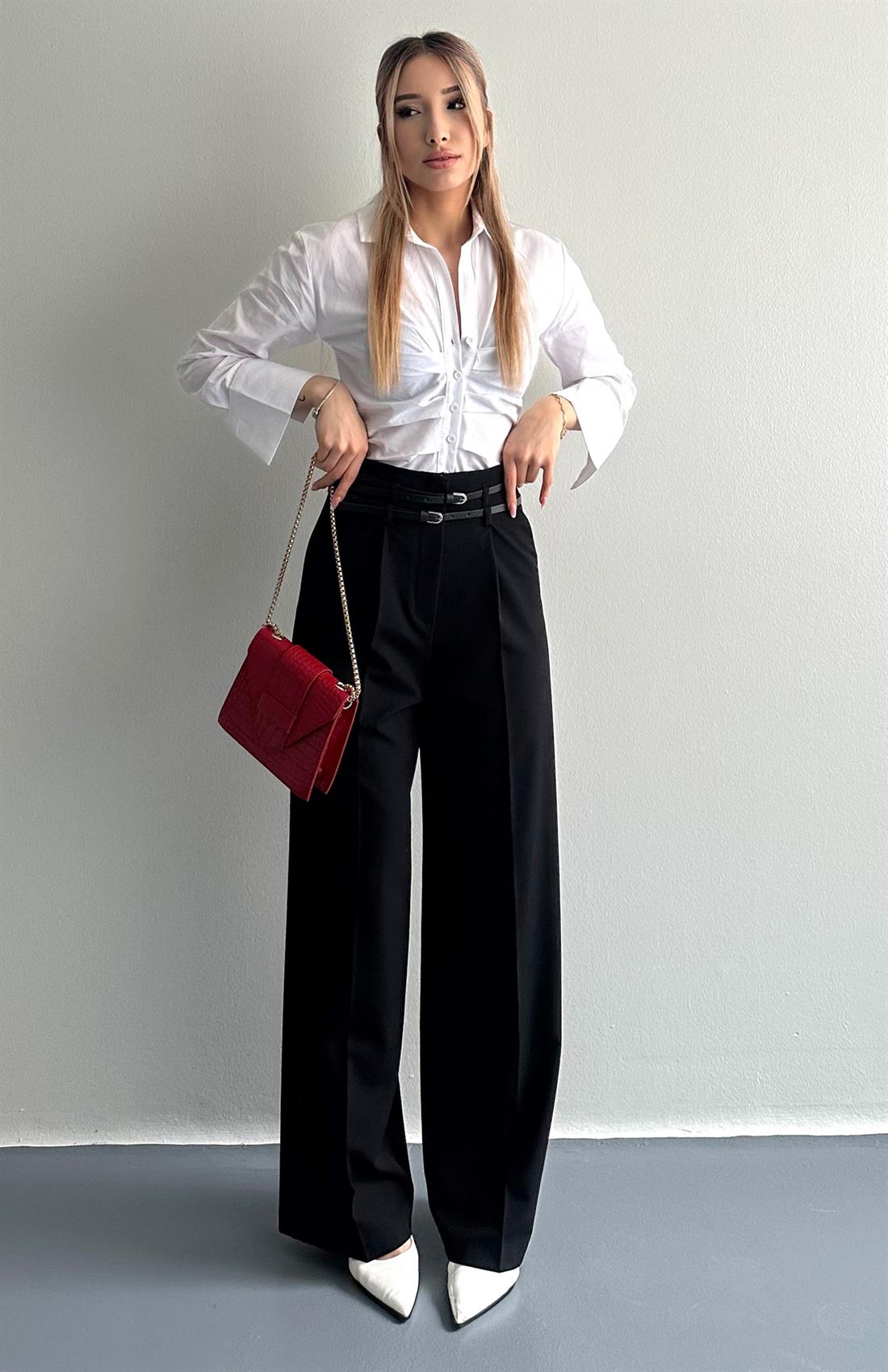 Kemerli Yüksek Bel Pantolon SİYAH