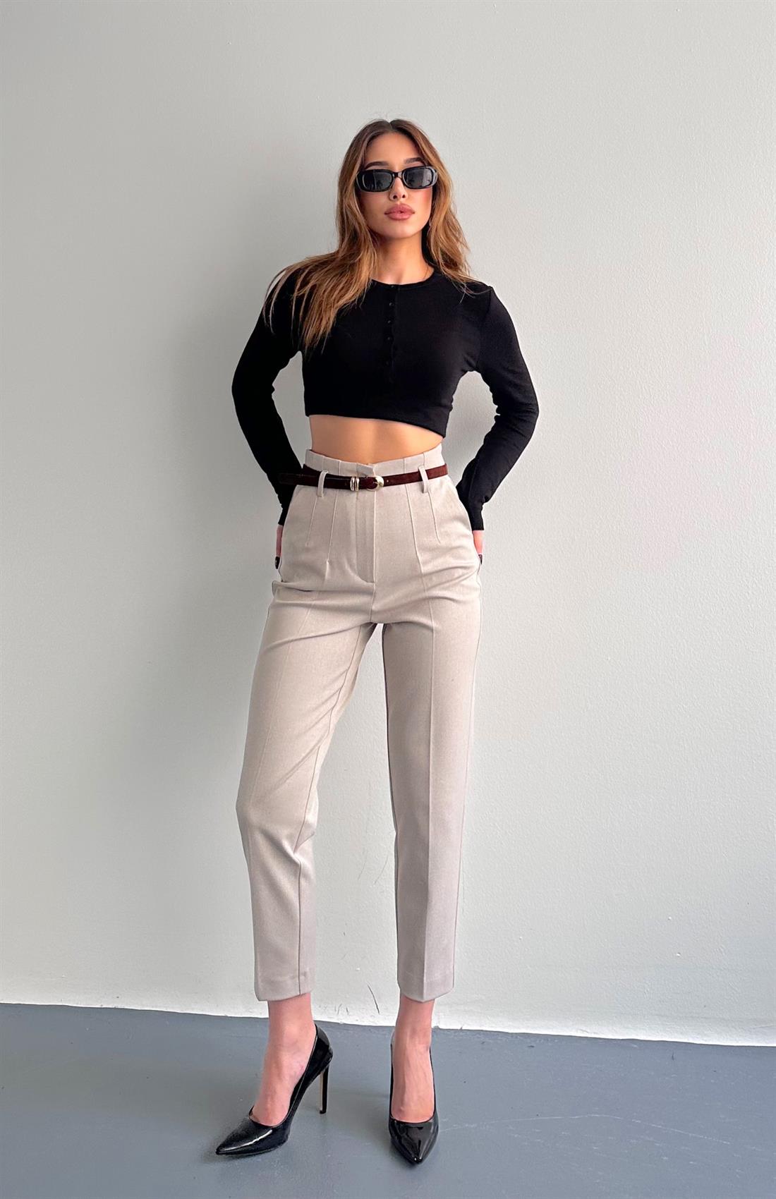 Kemerli Yüksek Bel Pantolon TAŞ
