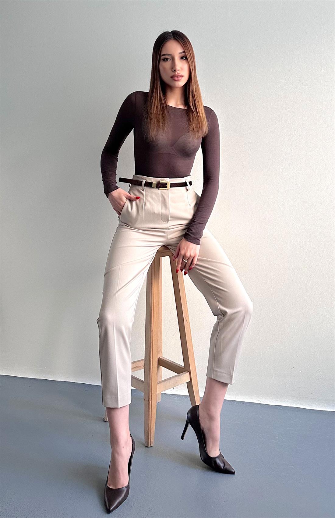 Kemerli Yüksek Bel Pantolon TAŞ