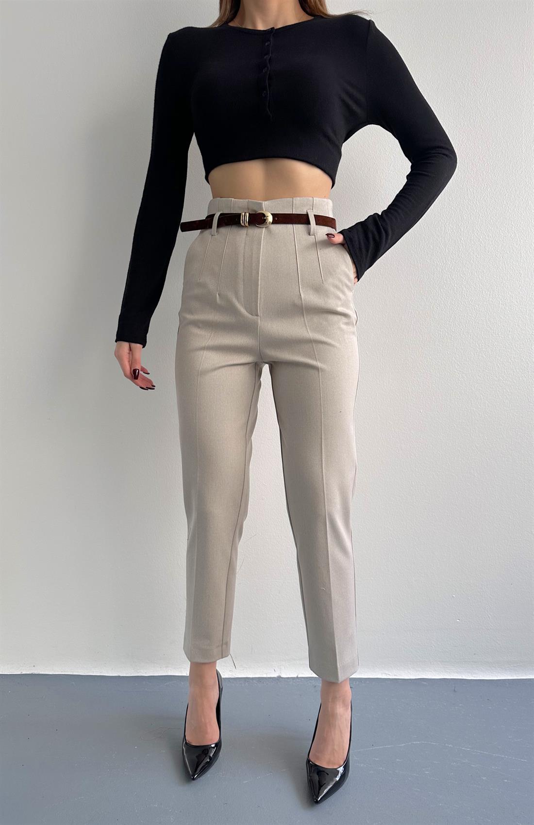 Kemerli Yüksek Bel Pantolon TAŞ