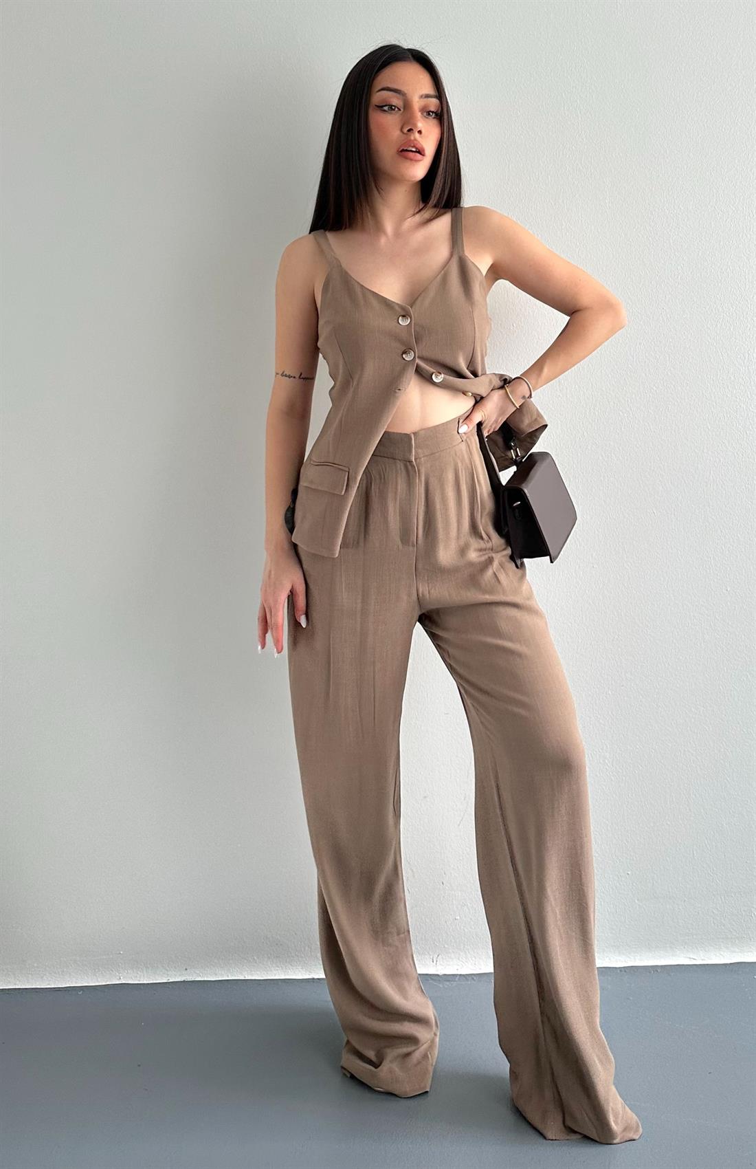 Keten Plazzo Pantolon KAHVERENGİ