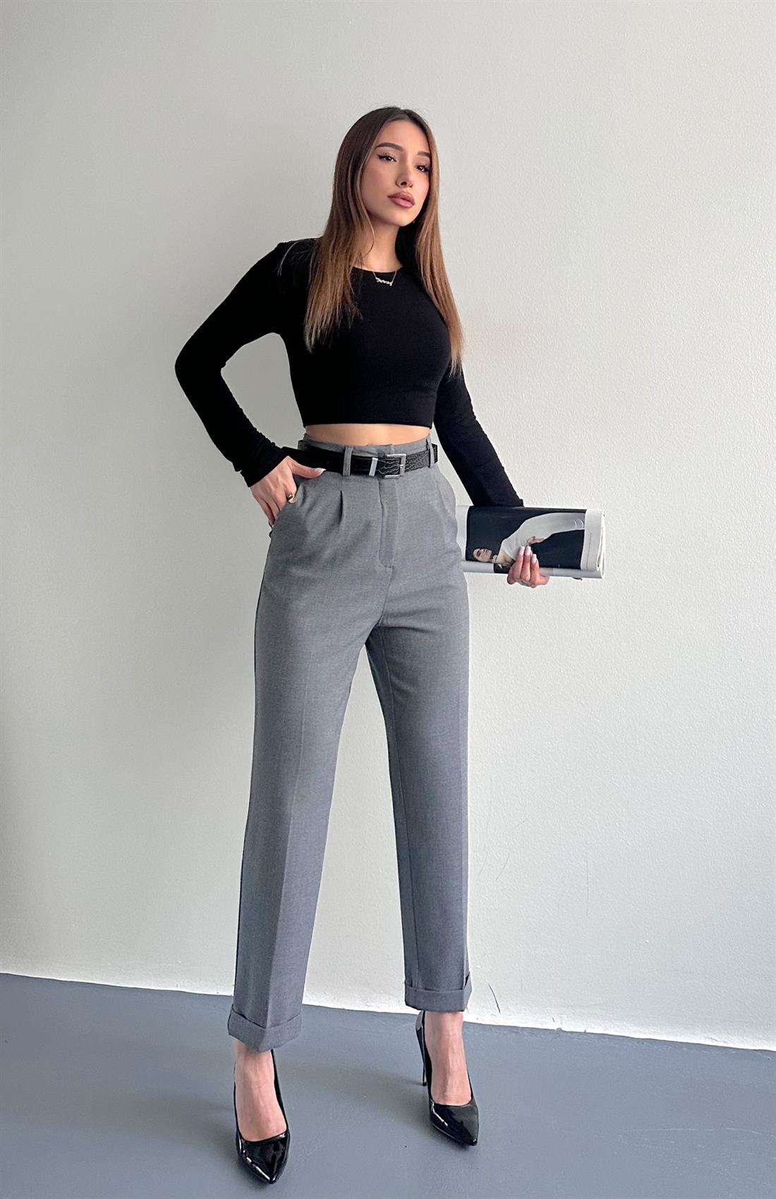 Kıvrık Paça Kemerli Pantolon GRİ