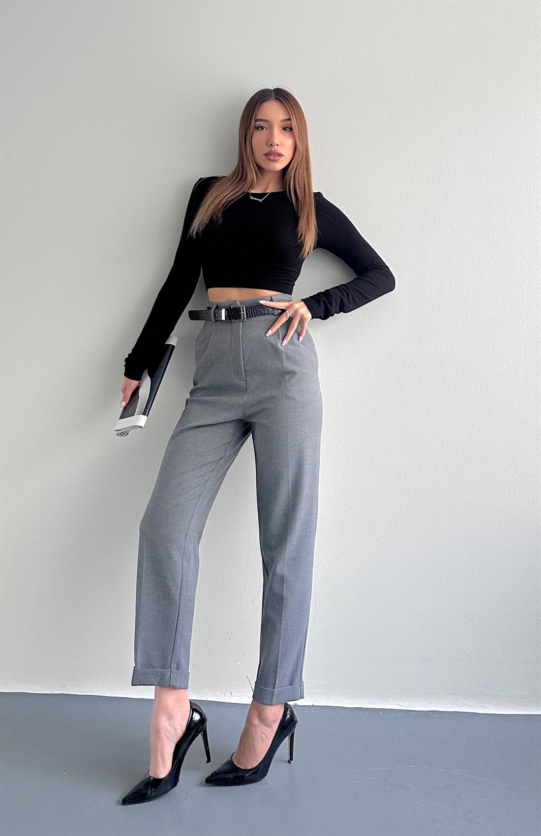 Kıvrık Paça Kemerli Pantolon GRİ