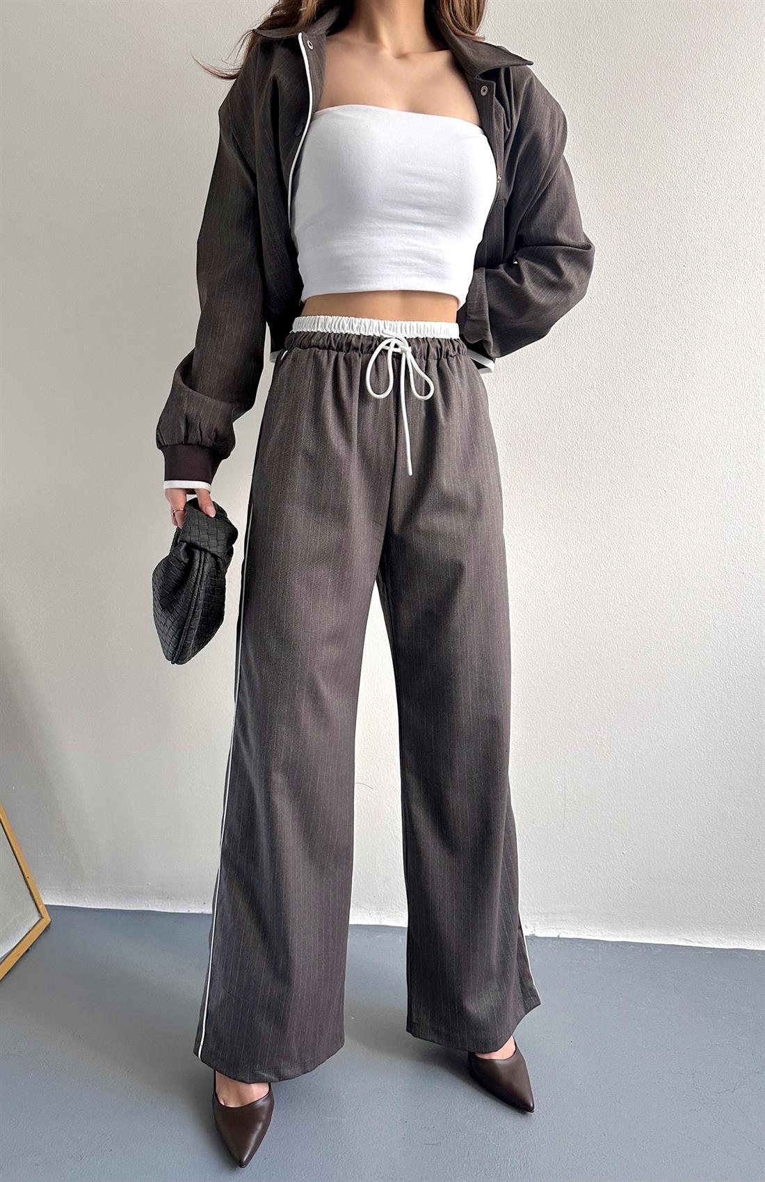 Kontrast Detaylı Pantolon KAHVERENGİ