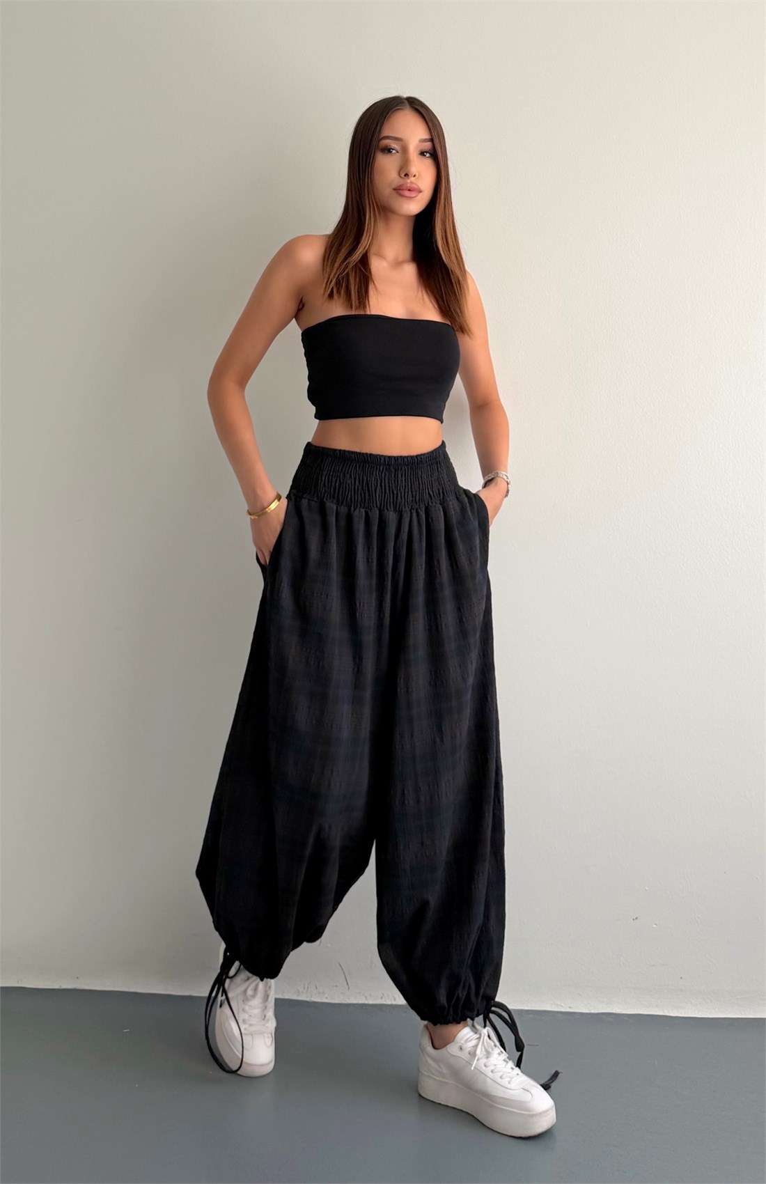 Lastikli Ekose Pantolon LACİVERT