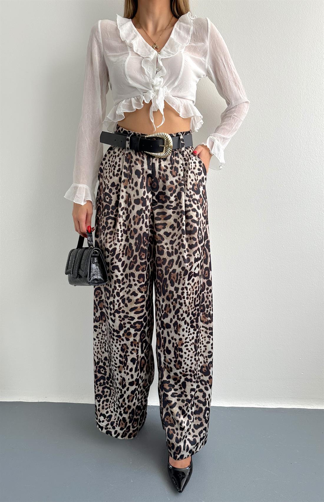 Leopar Desen Saten Pantolon BEJ